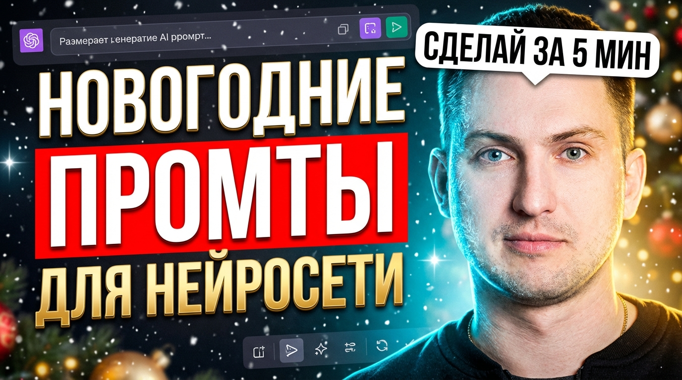 Пример новогодней открытки с надписью С Новым годом созданной в нейросети по промту