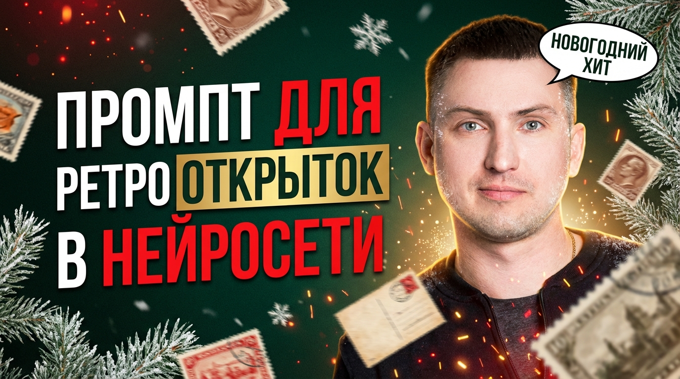 Винтажная новогодняя открытка, сгенерированная в нейросети по промту, ретро дизайн